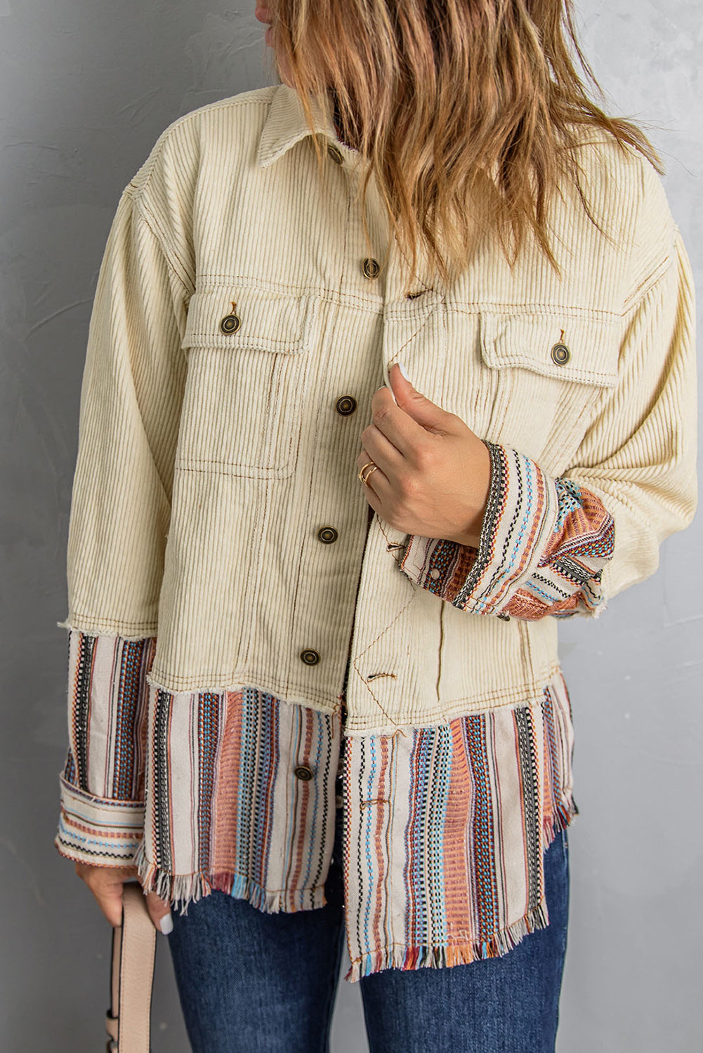 Striped Frayed Hem Corduroy Jacket - Ivy & Arrow Supply Co.