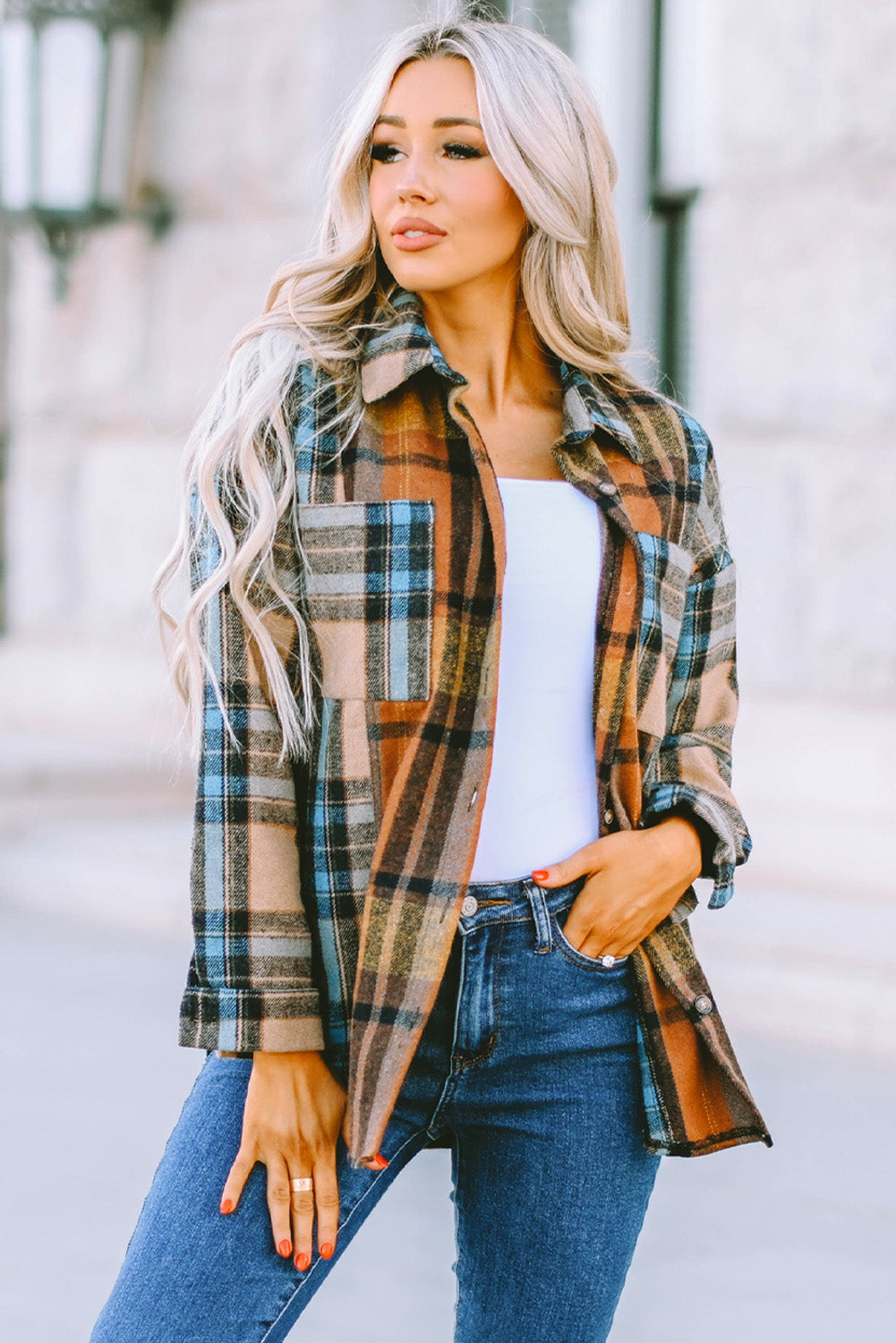 Women's Plaid Flannel Shacket Shirt Jacket with Curved Hem and Breast Pockets - Made of 100% Polyester