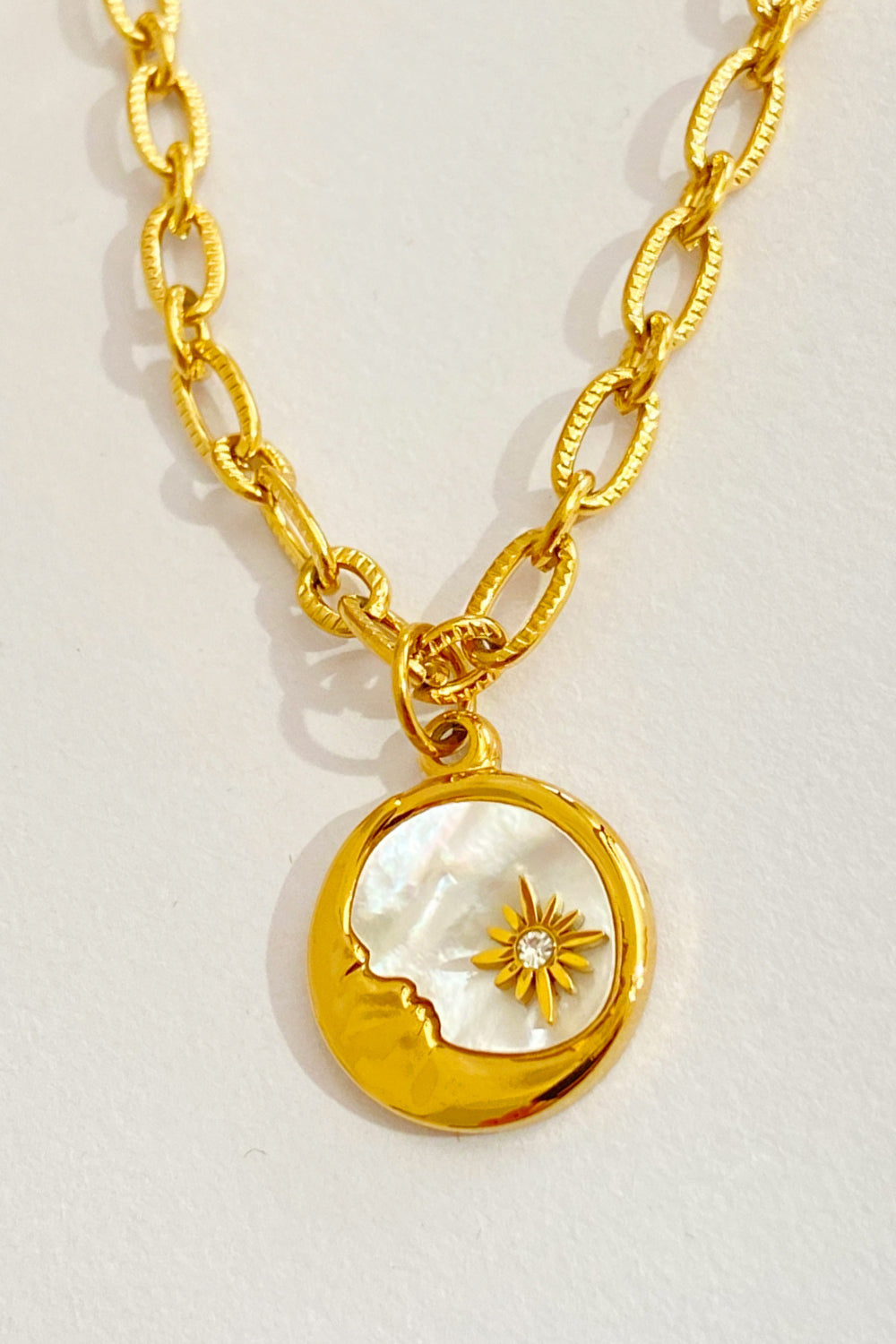 Classic Round Sun Moon Pendant Necklace - Stainless Steel - 18K Gold-Plated