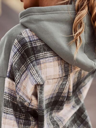 Women's Plaid Drawstring Dropped Shoulder Hoodie 100% Polyester Sheer Design Machine Washable S-XL Sizes